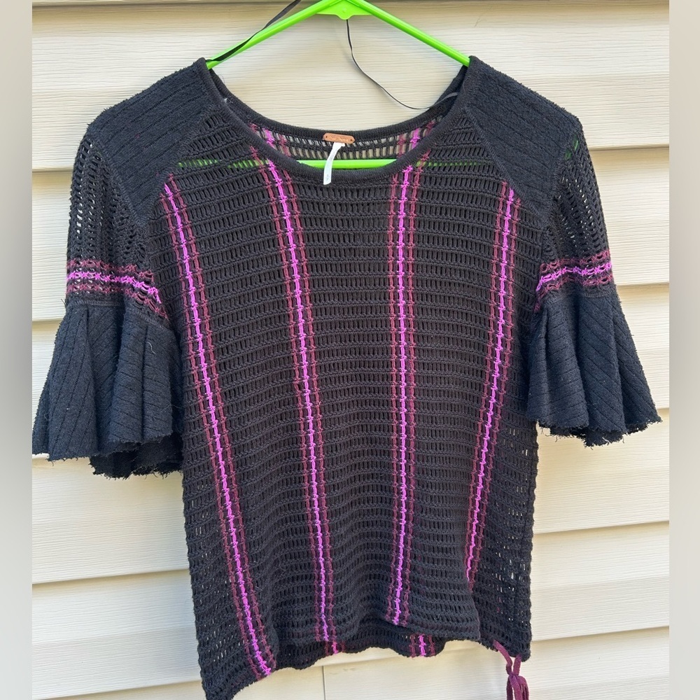 Free People Black Open-Knit Scoop Neck Sweater with Pink Stripes